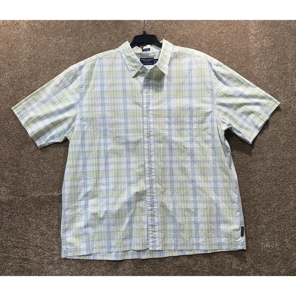 American Eagle Mens XXL Rugged Poplin Plaid Short Sleeve Button Down Shirt Green